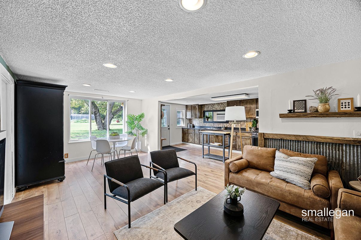 Dining room, Interior, Kitchen, Living room, Recessed Lighting, Wood Texture Flooring