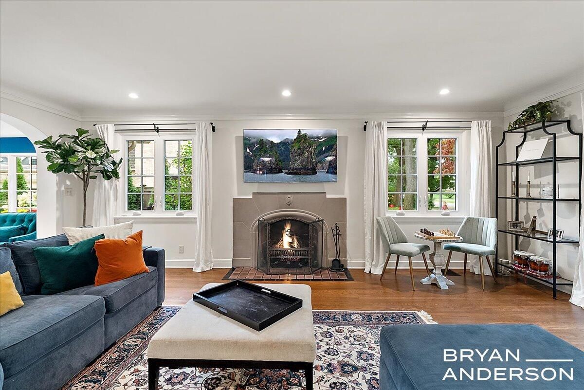 Fireplace, Interior, Living room, Recessed Lighting, Wood Texture Flooring
