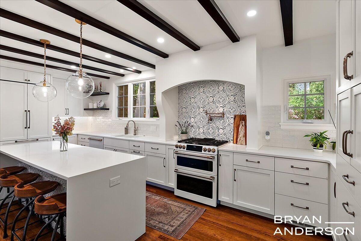 Interior, Kitchen, Pendant Lights, Recessed Lighting, Stainless Steel Appliances, Wooden Beams, Wood Texture Flooring