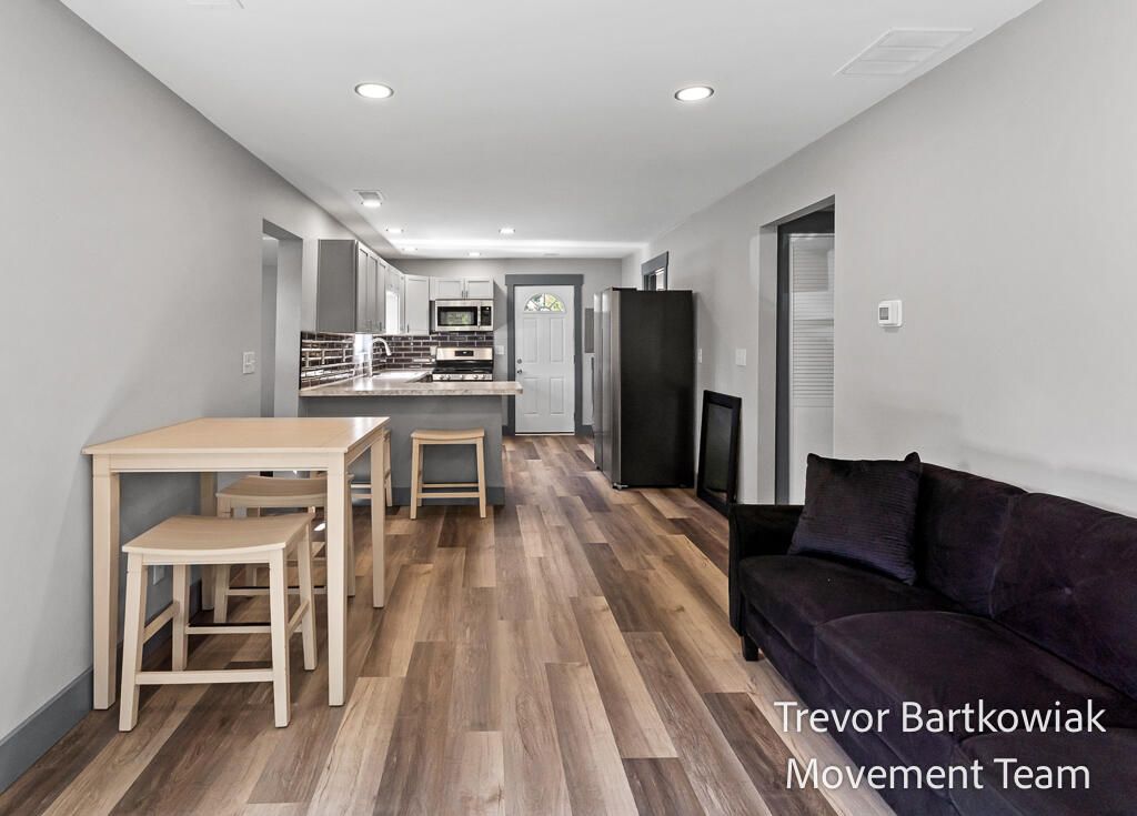 Dining room, Interior, Kitchen, Recessed Lighting, Stainless Steel Appliances, Wood Texture Flooring