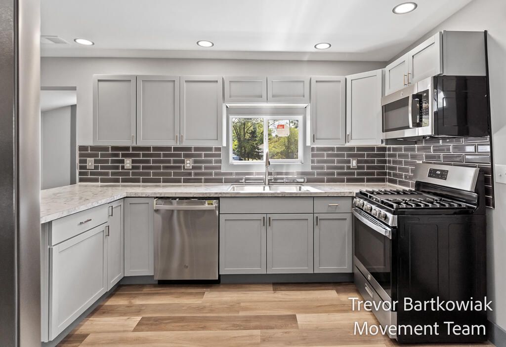 Interior, Kitchen, Recessed Lighting, Stainless Steel Appliances, Wood Texture Flooring