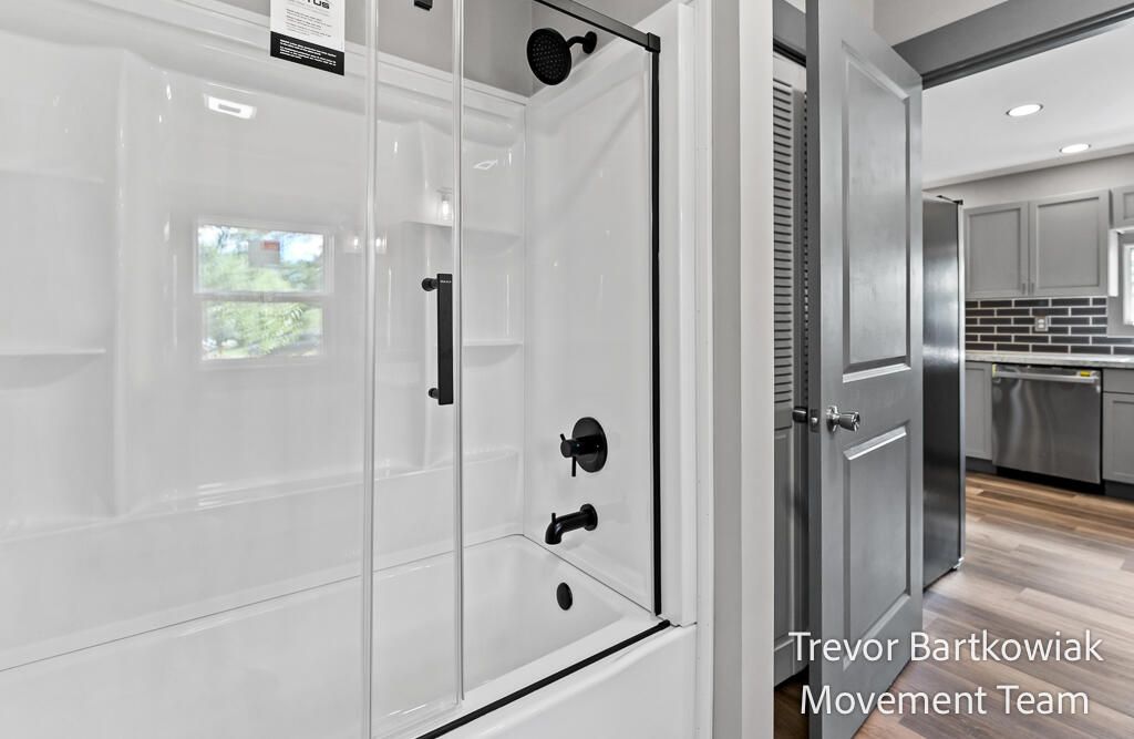 Bathroom, Glass Shower, Interior, Recessed Lighting, Wood Texture Flooring