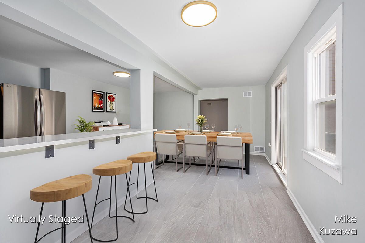 Dining room, Interior, Recessed Lighting, Stainless Steel Appliances, Wood Texture Flooring