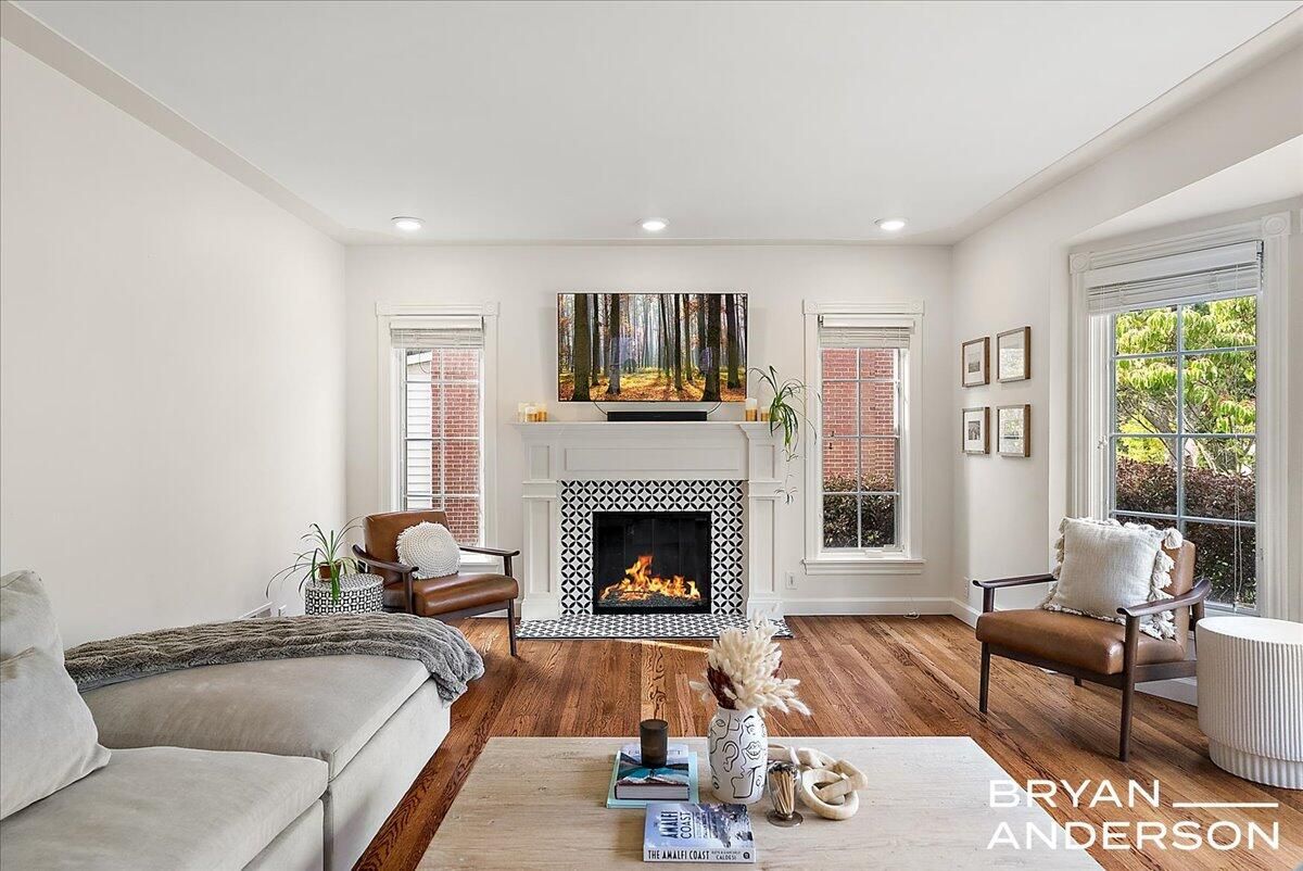 Fireplace, Interior, Living room, Recessed Lighting, Wood Texture Flooring