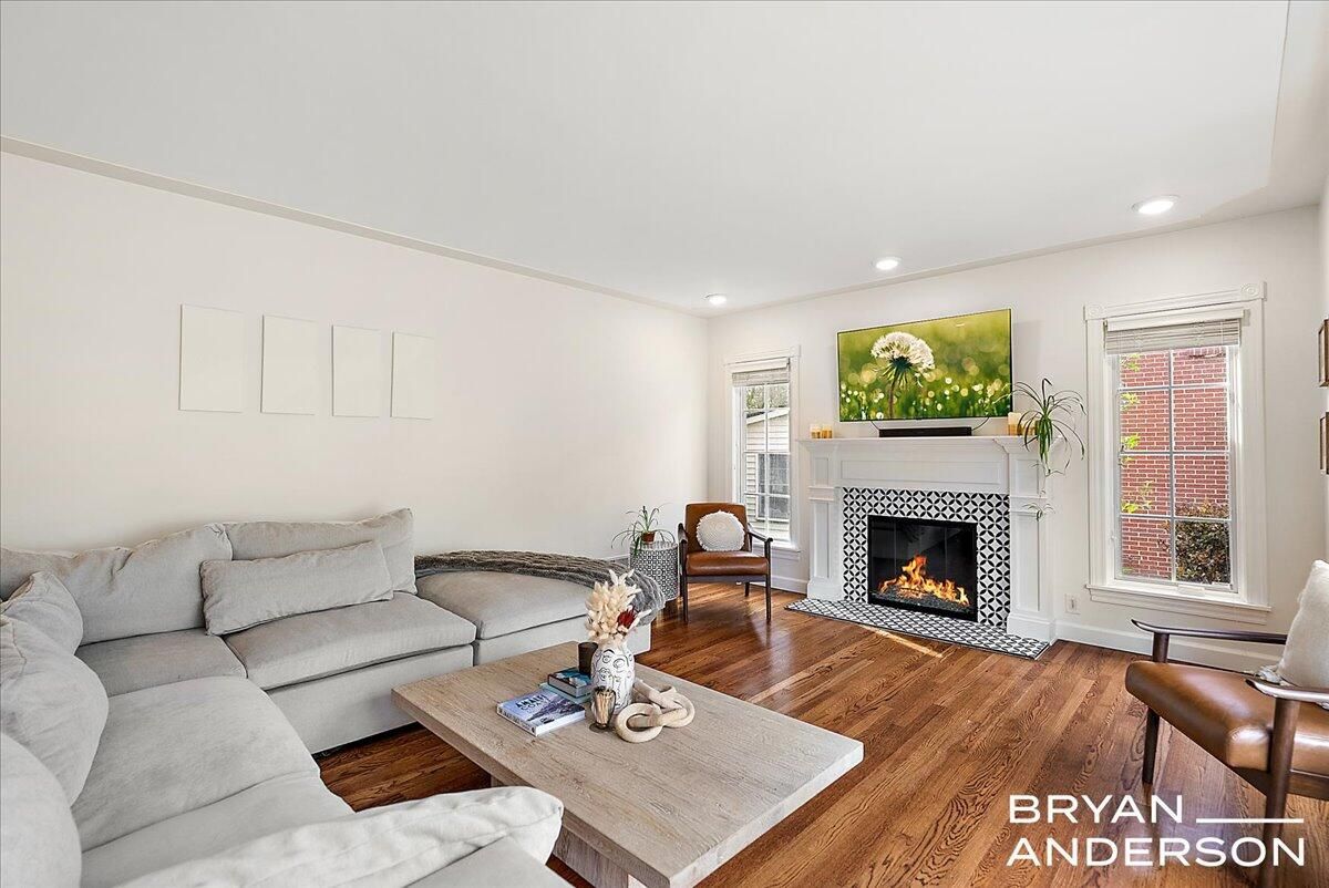 Fireplace, Interior, Living room, Recessed Lighting, Wood Texture Flooring