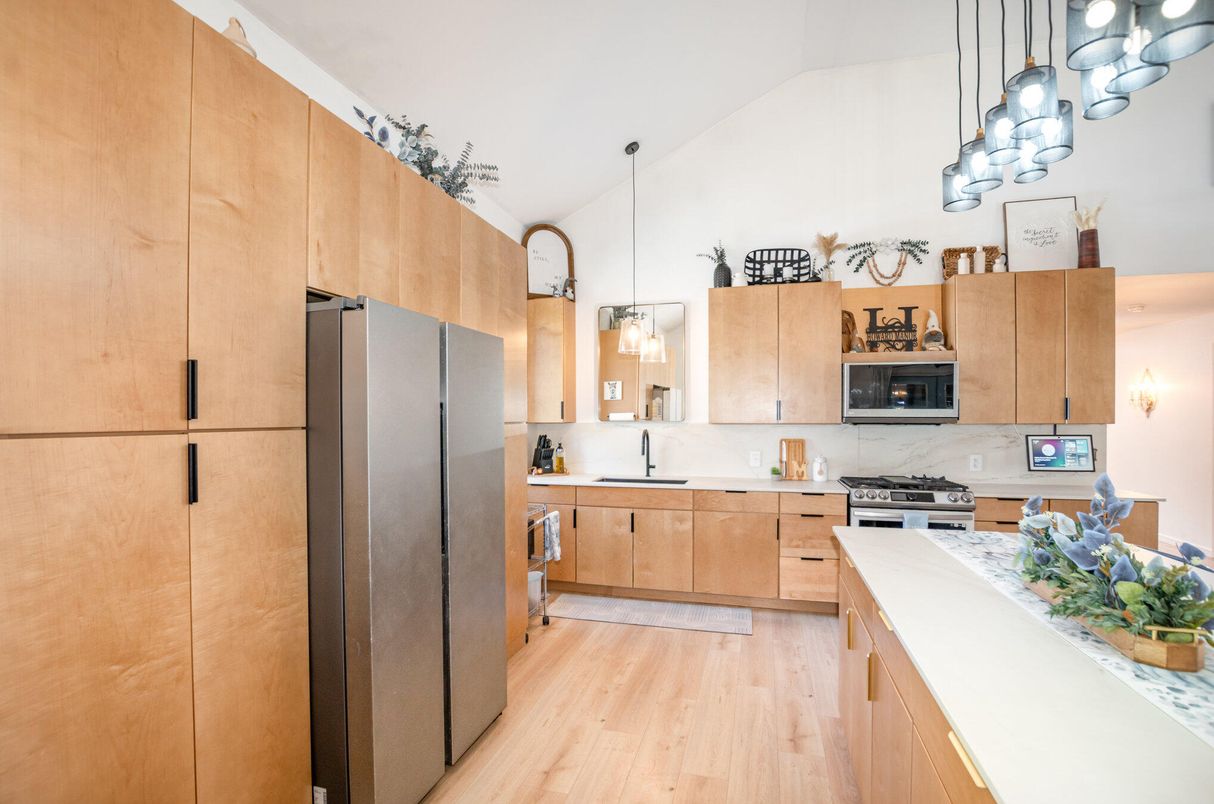 Interior, Kitchen, Pendant Lights, Stainless Steel Appliances, Wood Texture Flooring