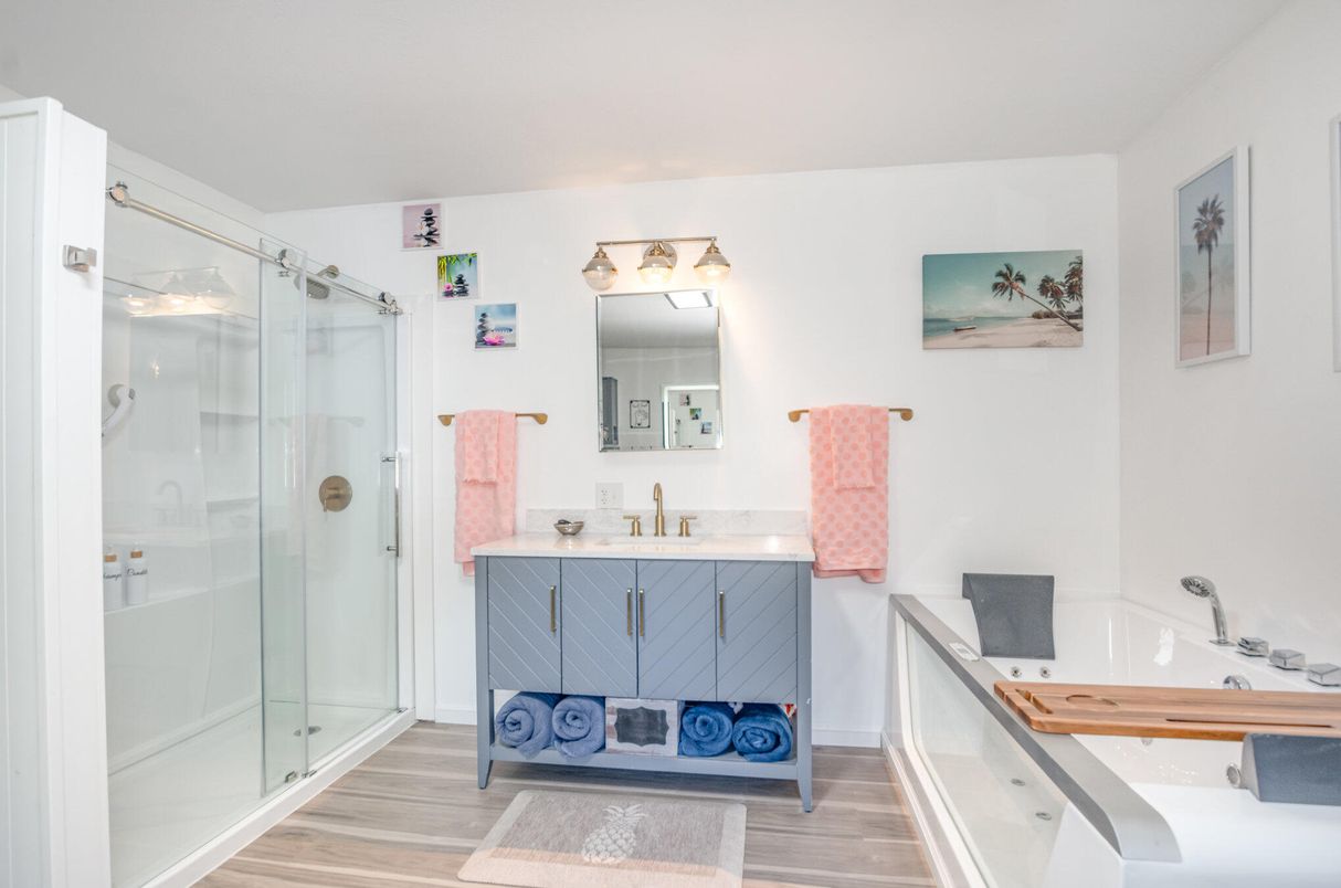 Bathroom, Glass Shower, Interior, Wood Texture Flooring