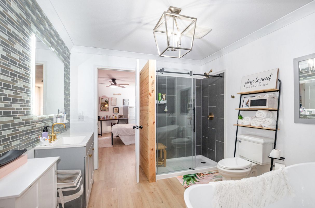 Bathroom, Glass Shower, Interior, Pendant Lights, Stone Walls, Wood Texture Flooring