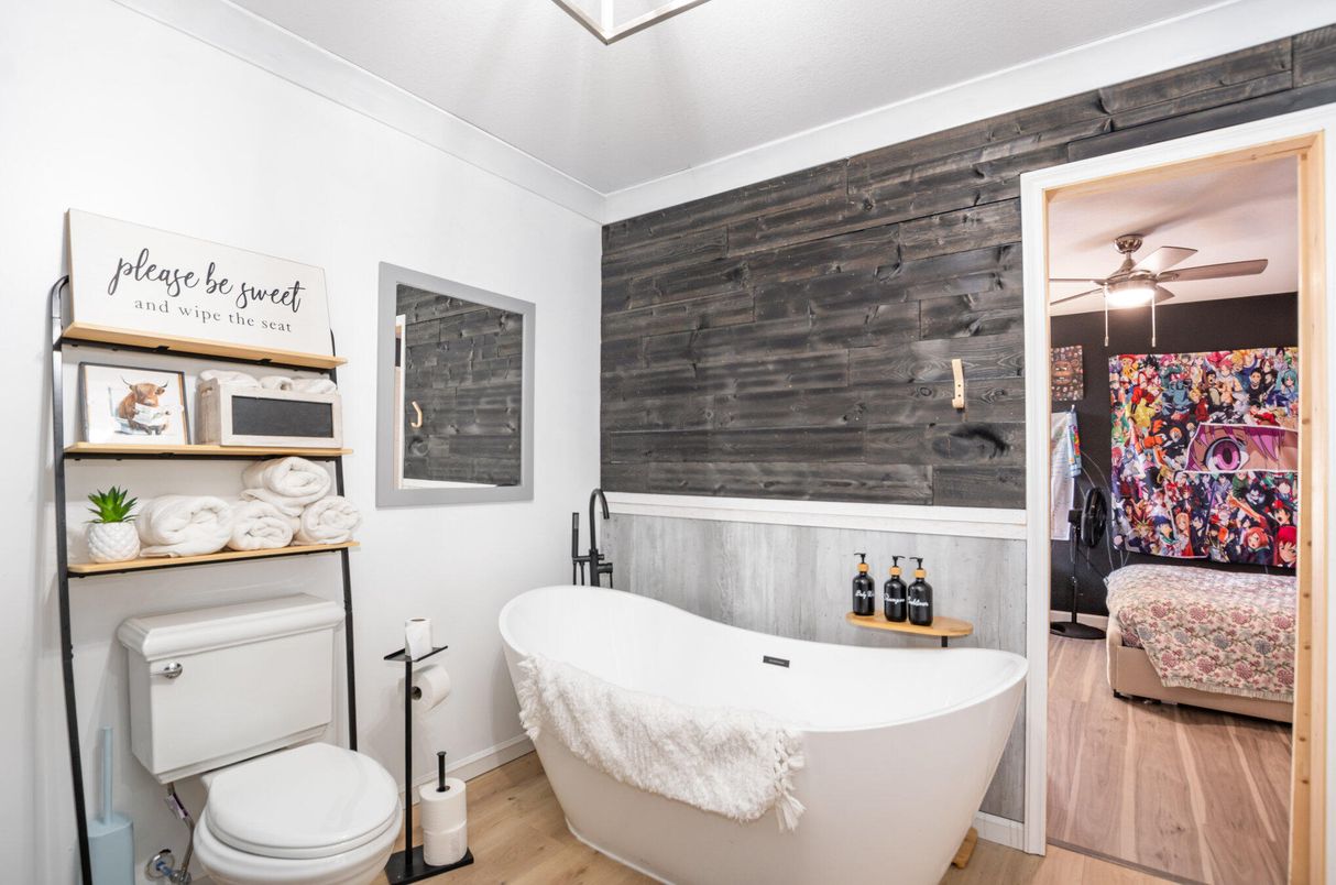 Bathroom, Free Standing Baths, Interior, Wood Texture Flooring, Wooden Walls