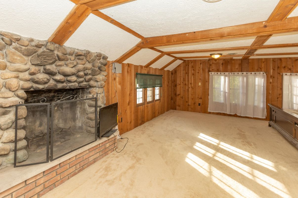 Empty room, Fireplace, Interior, Stone Walls, Wooden Beams, Wooden Walls