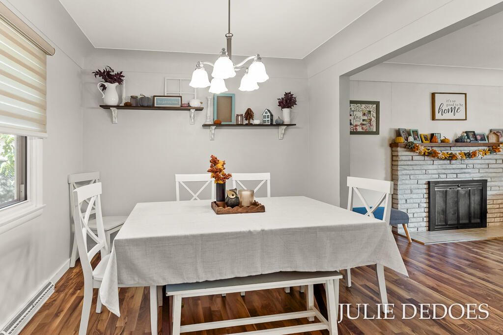 Dining room, Fireplace, Interior, Pendant Lights, Wood Texture Flooring