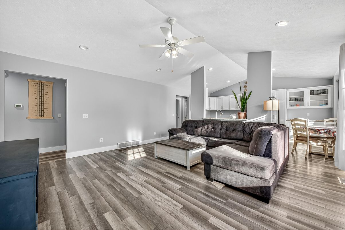 Dining room, Interior, Living room, Recessed Lighting, Wood Texture Flooring