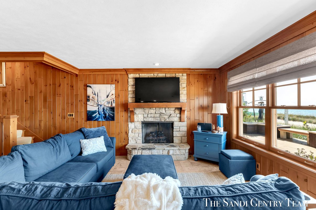 Fireplace, Interior, Living room, Recessed Lighting, Wooden Walls