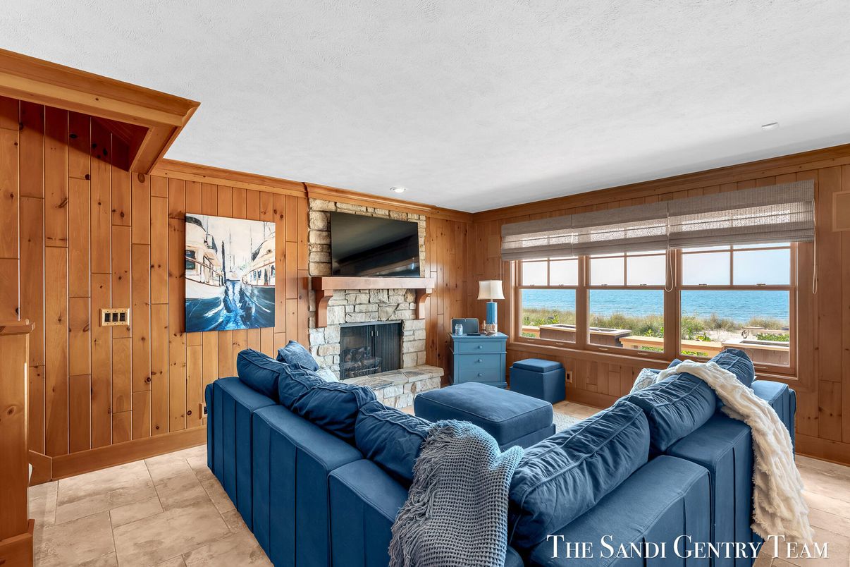 Fireplace, Interior, Living room, Water, Wooden Walls