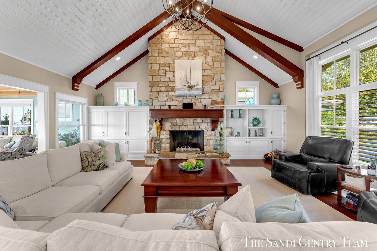 Fireplace, Interior, Living room, Recessed Lighting, Stone Walls, Wooden Beams