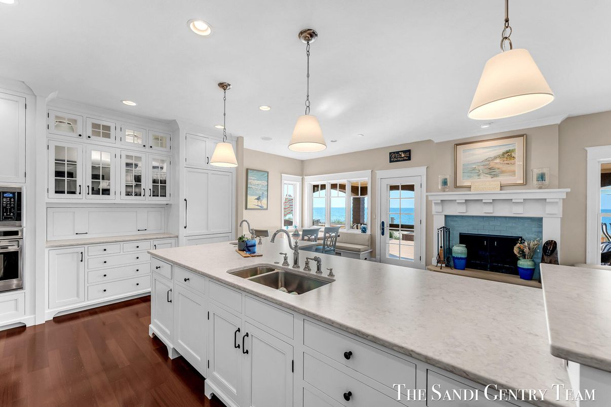 Fireplace, Interior, Kitchen, Pendant Lights, Recessed Lighting, Water, Wood Texture Flooring