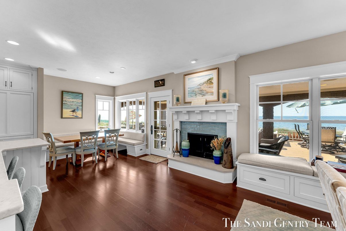 Dining room, Fireplace, Interior, Recessed Lighting, Water, Wood Texture Flooring