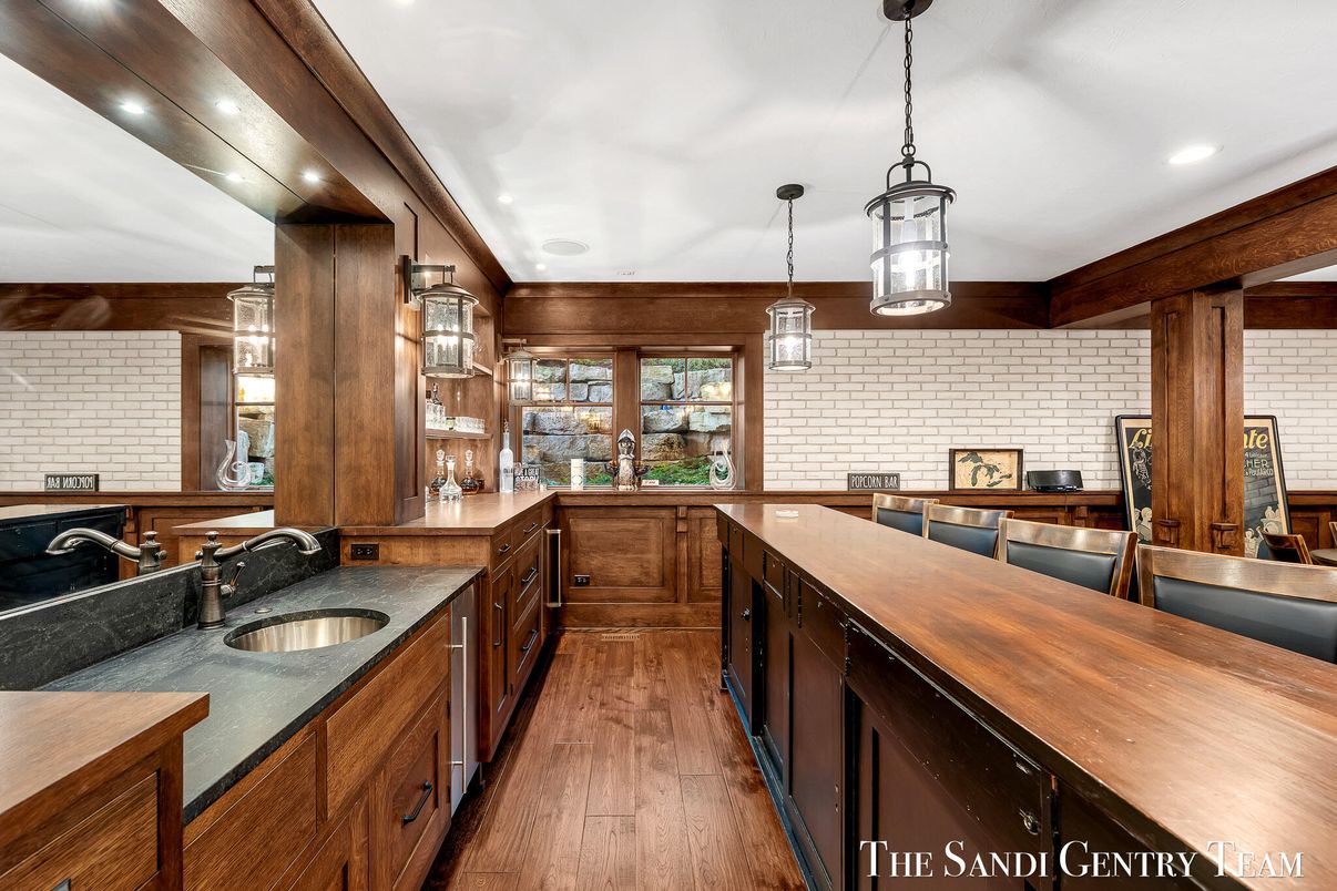 Interior, Kitchen, Pendant Lights, Recessed Lighting, Stone Walls, Wood Texture Flooring