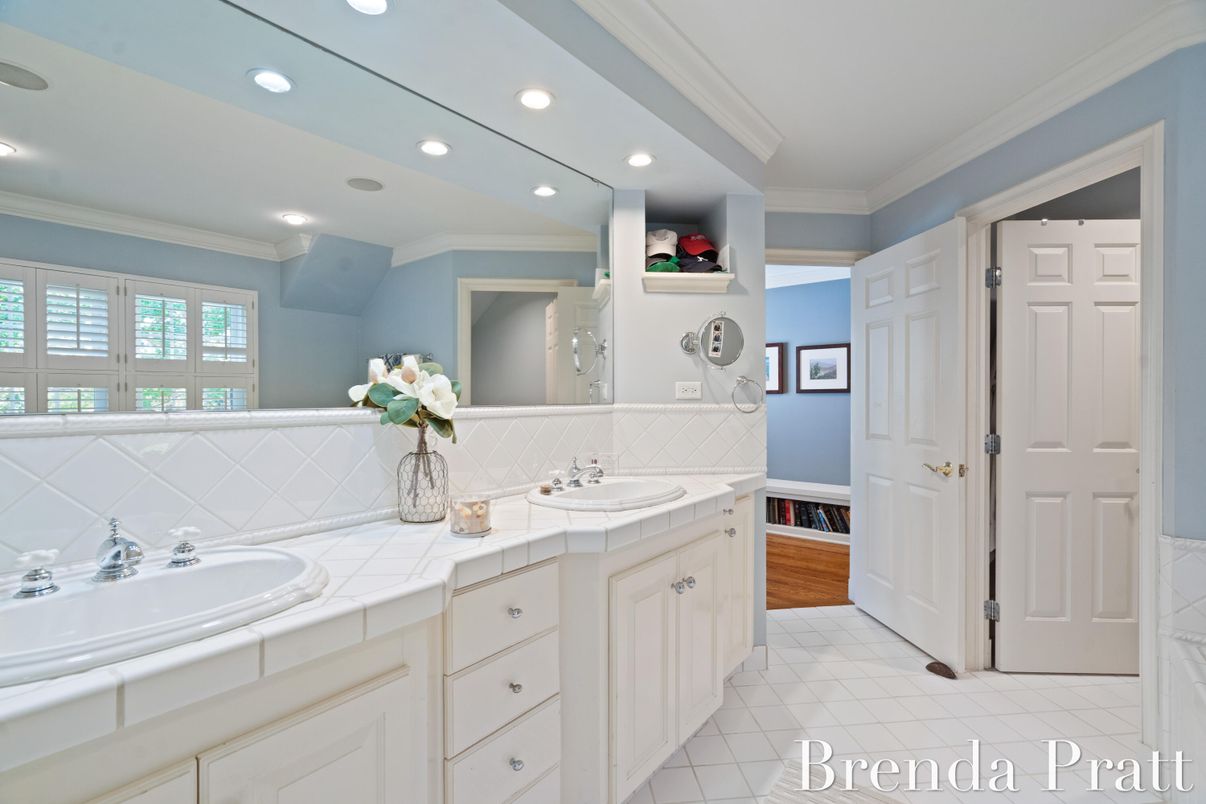 Bathroom, Dual Sink Vanities, Interior, Recessed Lighting, Tile Countertops