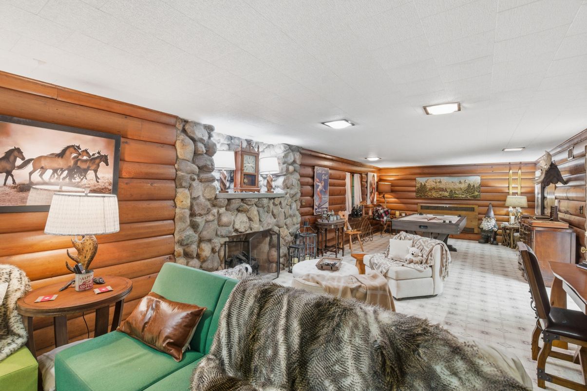 Fireplace, Interior, Living room, Recessed Lighting, Stone Walls, Wooden Walls