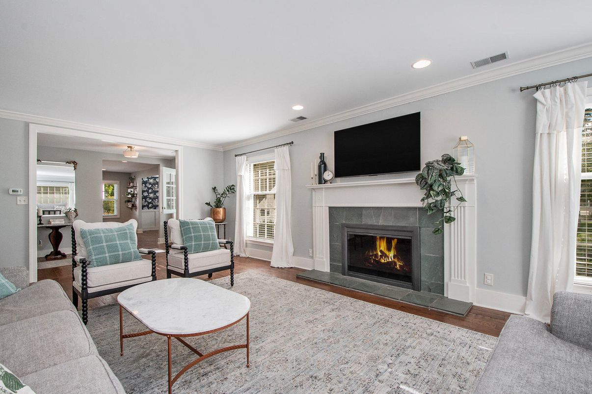 Fireplace, Interior, Living room, Recessed Lighting, Wood Texture Flooring