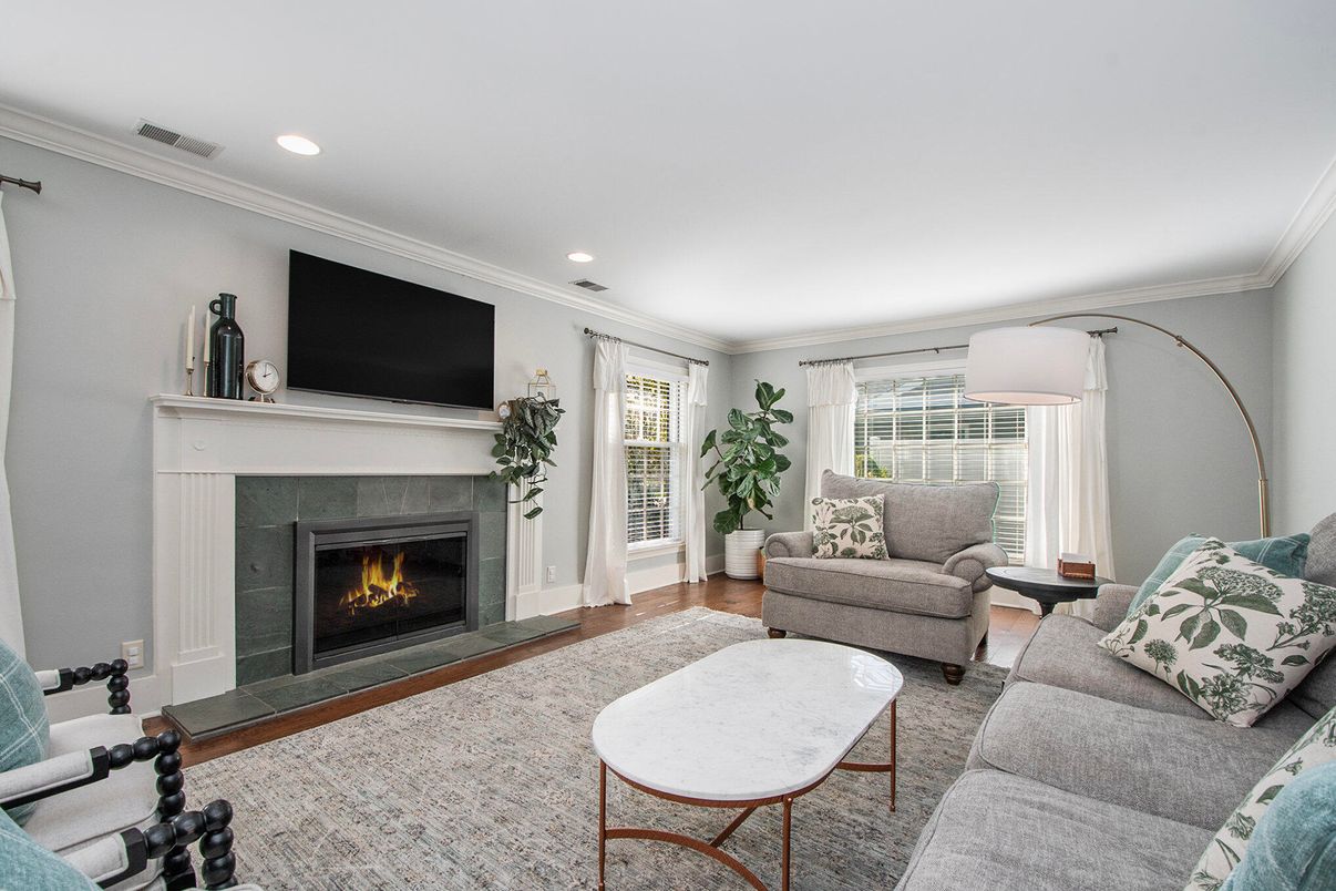 Fireplace, Interior, Living room, Recessed Lighting, Wood Texture Flooring