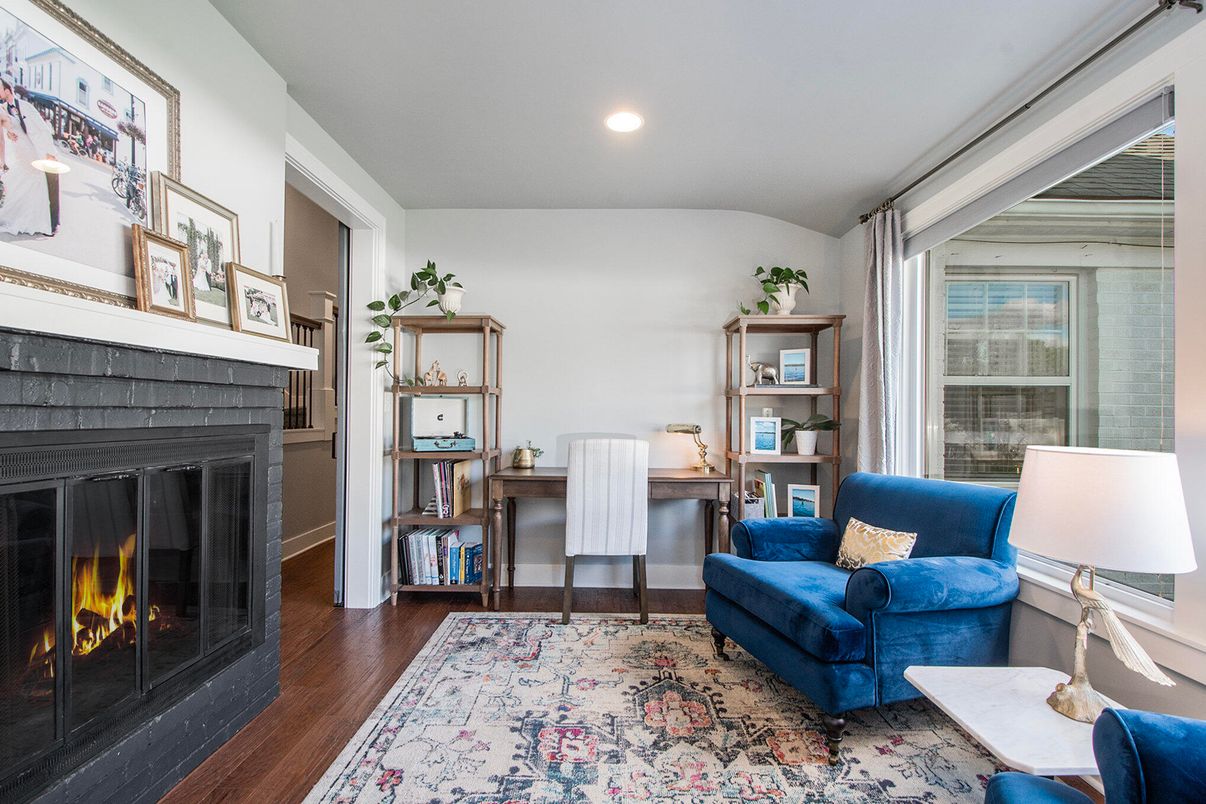 Fireplace, Home Office, Interior, Recessed Lighting, Wood Texture Flooring