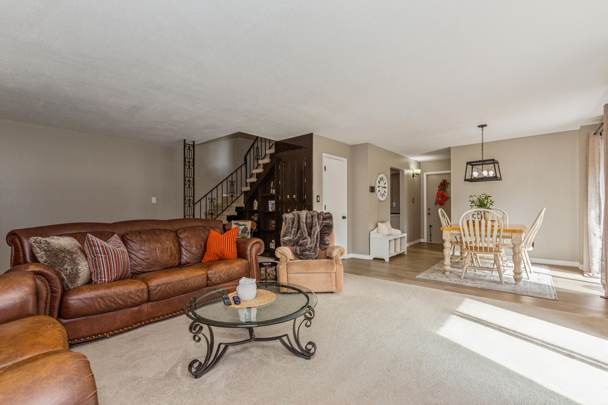 Dining room, Interior, Living room, Pendant Lights, Wood Texture Flooring
