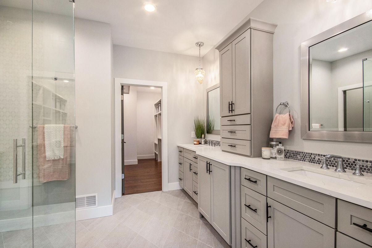 Bathroom, Dual Sink Vanities, Glass Shower, Interior, Pendant Lights, Recessed Lighting