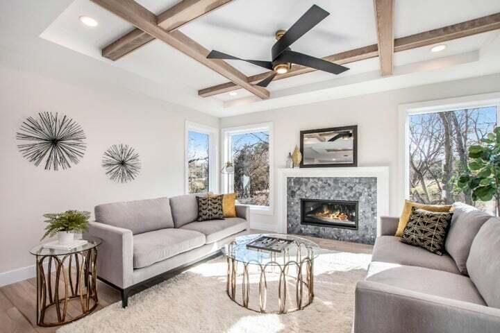 Fireplace, Interior, Living room, Recessed Lighting, Wooden Beams, Wood Texture Flooring