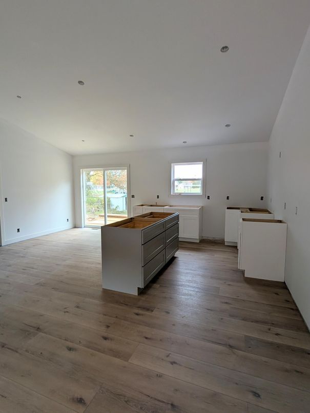 Empty room, Interior, Kitchen, Recessed Lighting, Wood Texture Flooring