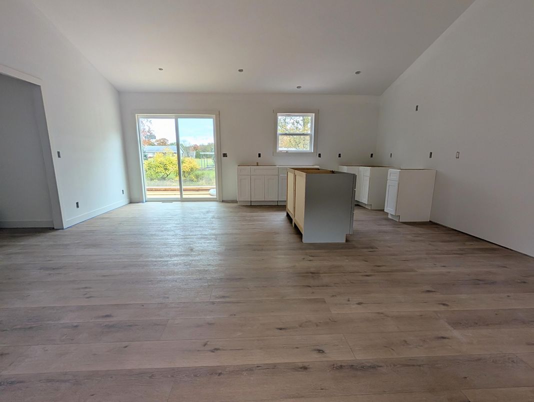 Empty room, Interior, Kitchen, Recessed Lighting, Wood Texture Flooring