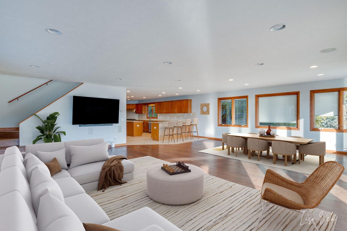 Dining room, Interior, Kitchen, Living room, Recessed Lighting, Wood Texture Flooring