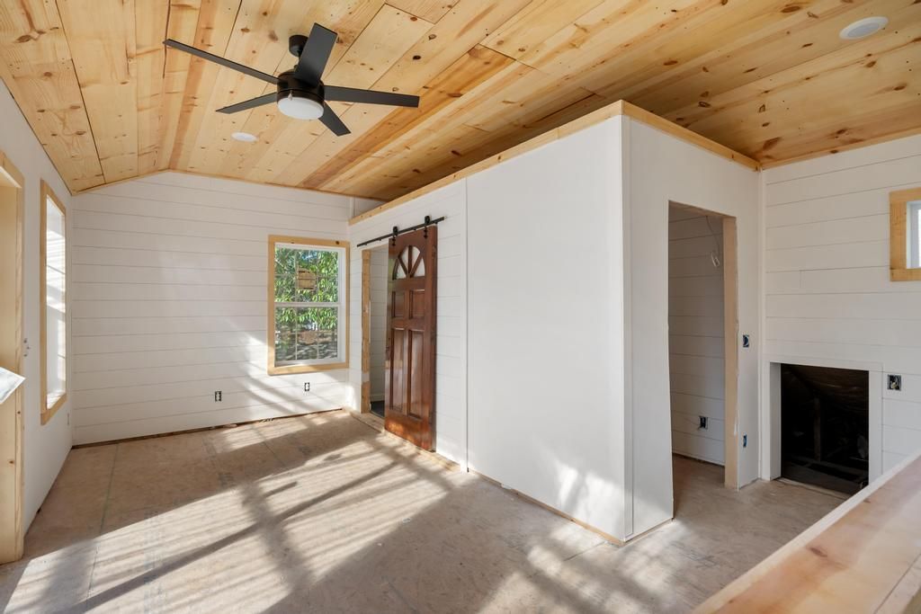 Empty room, Fireplace, Interior, Recessed Lighting, Wooden Ceilings
