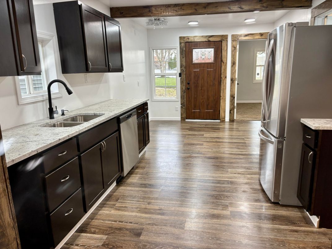 Interior, Kitchen, Recessed Lighting, Stainless Steel Appliances, Wooden Beams, Wood Texture Flooring