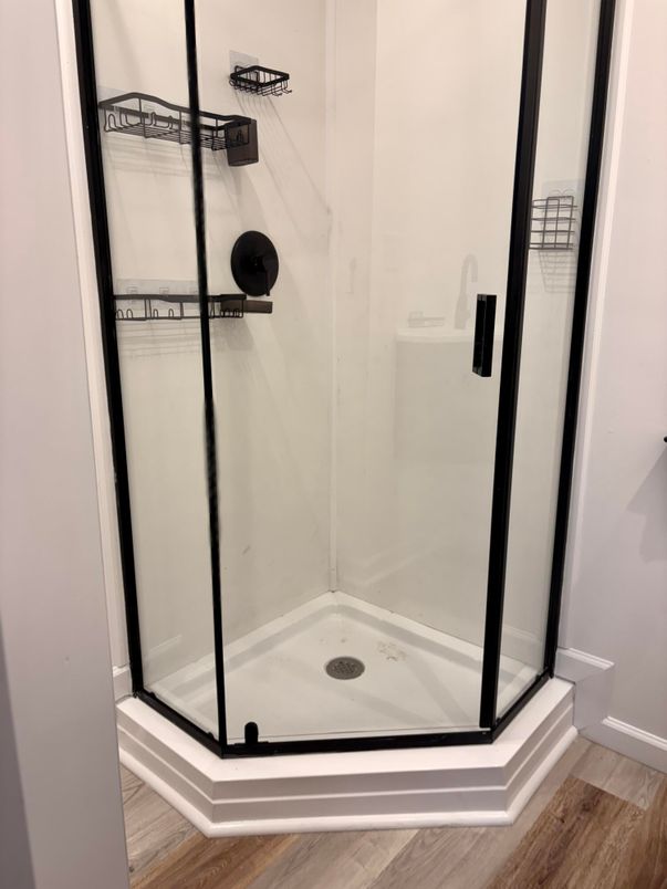 Bathroom, Glass Shower, Interior, Wood Texture Flooring