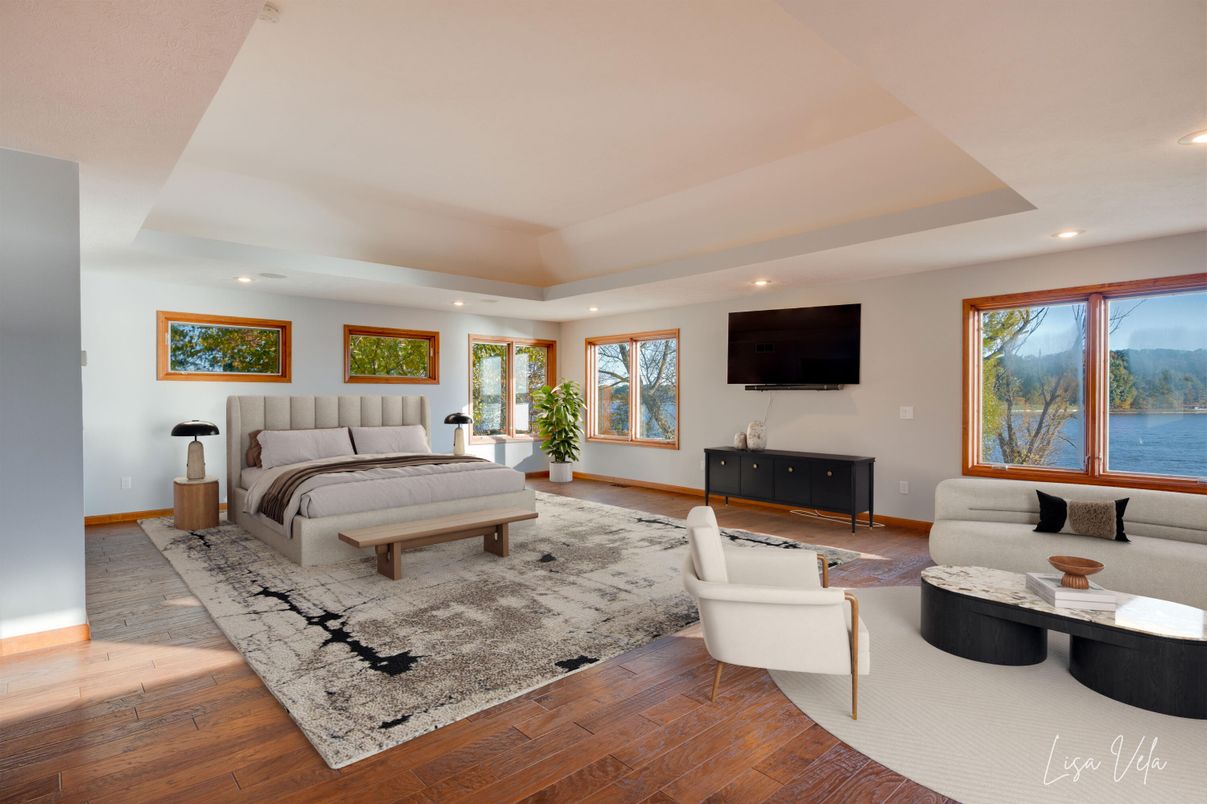 Bedroom, Interior, Living room, Recessed Lighting, Water, Wood Texture Flooring