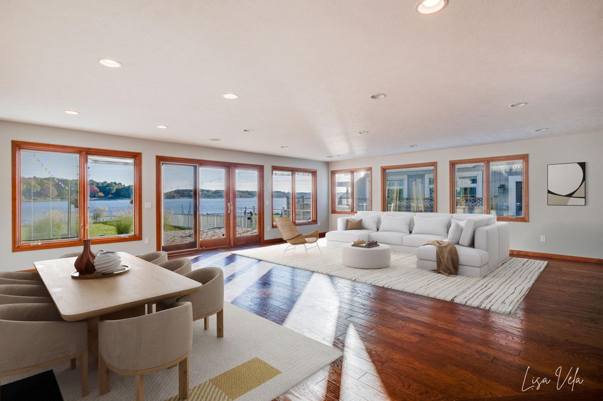 Dining room, Interior, Living room, Recessed Lighting, Water, Wood Texture Flooring