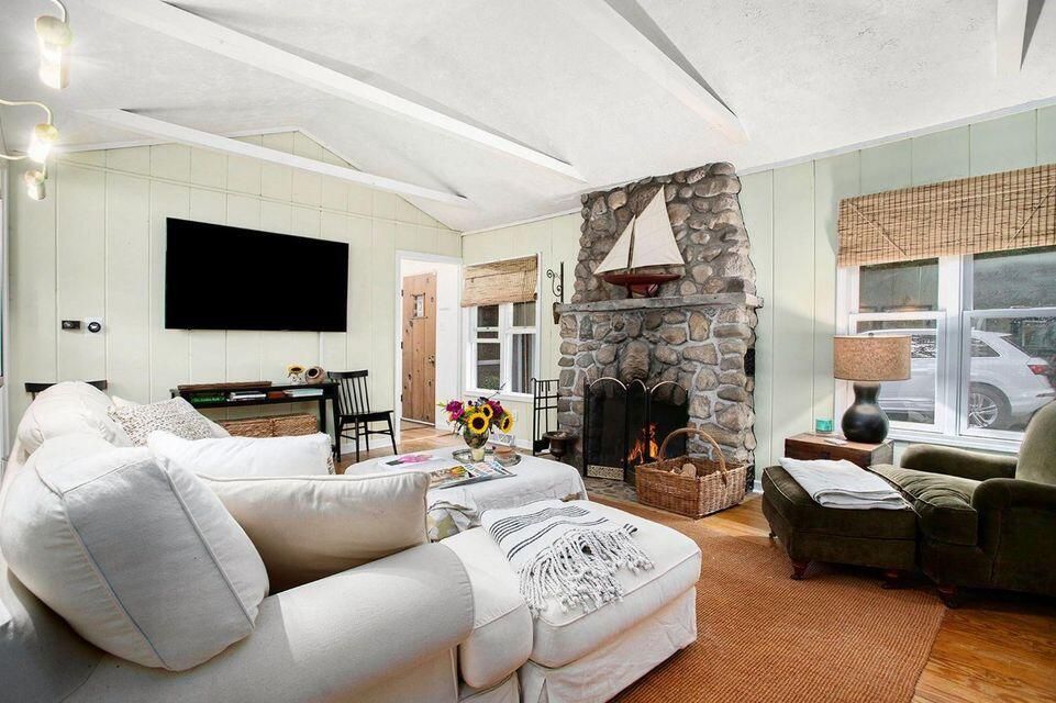 Fireplace, Interior, Living room, Stone Walls, Wood Texture Flooring