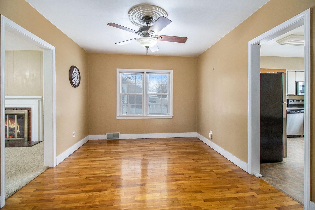 Empty room, Fireplace, Interior, Kitchen, Wood Texture Flooring