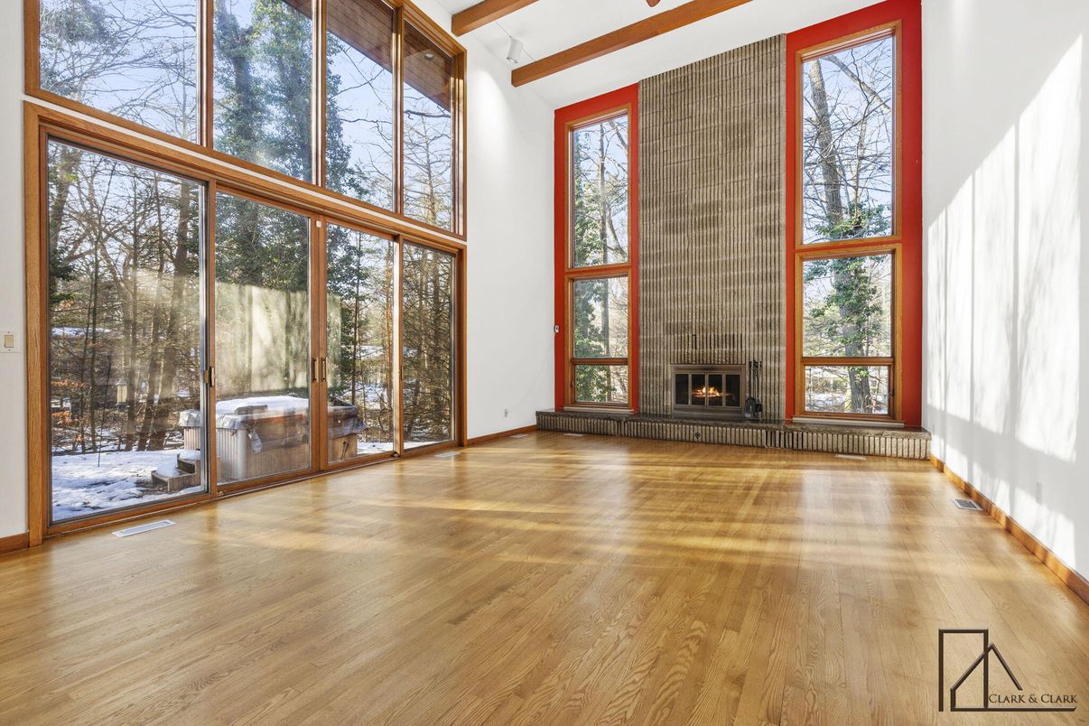 Empty room, Fireplace, Interior, Wooden Beams, Wood Texture Flooring