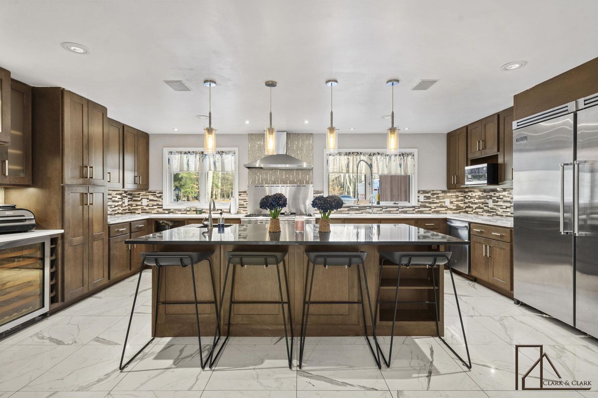 Interior, Kitchen, Marble, Pendant Lights, Recessed Lighting, Stainless Steel Appliances