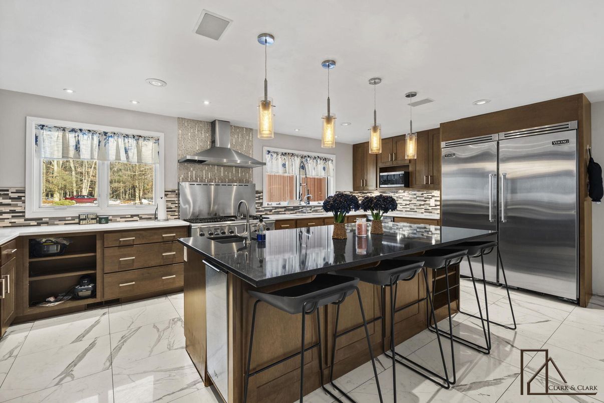 Interior, Kitchen, Marble, Pendant Lights, Recessed Lighting, Stainless Steel Appliances