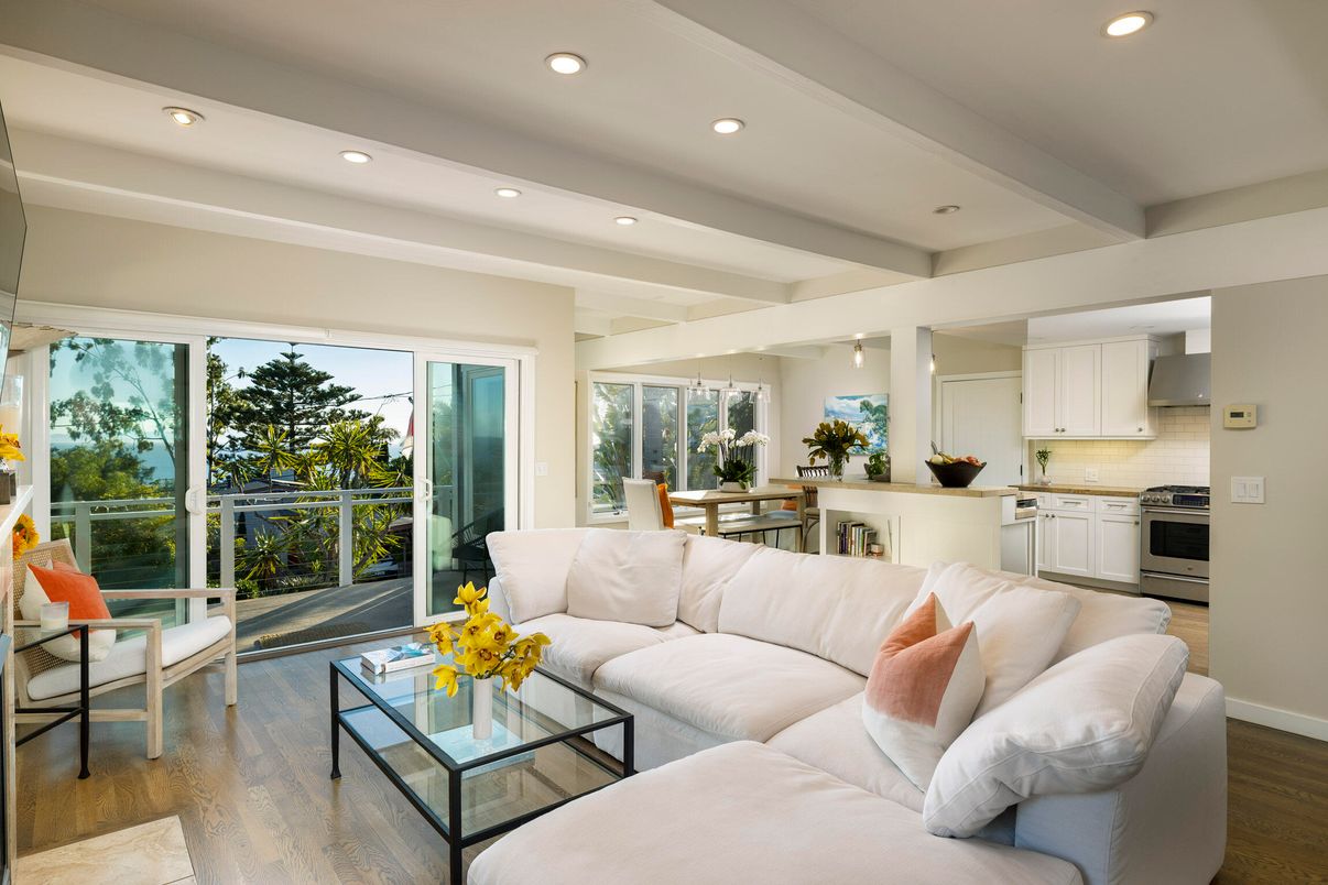 Dining room, Interior, Kitchen, Living room, Recessed Lighting, Stainless Steel Appliances, Wood Texture Flooring