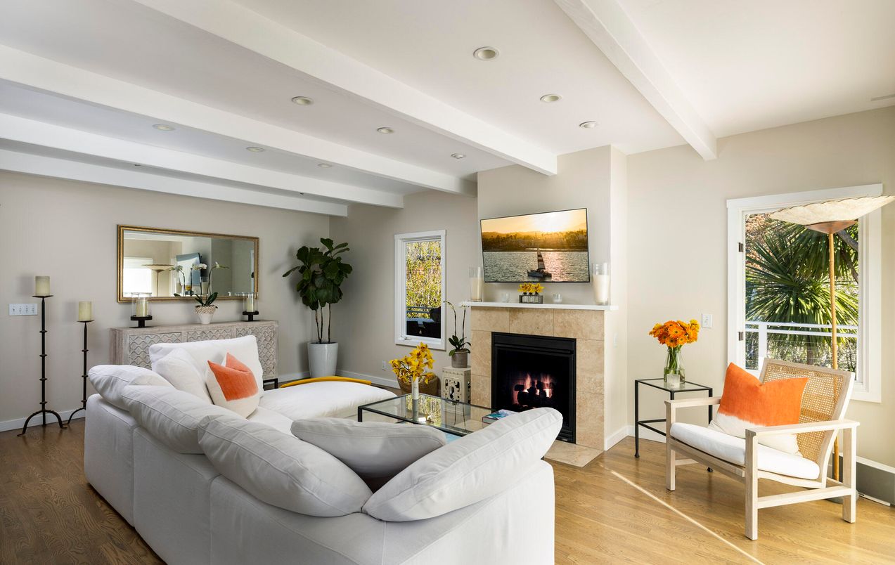 Fireplace, Interior, Living room, Recessed Lighting, Wood Texture Flooring