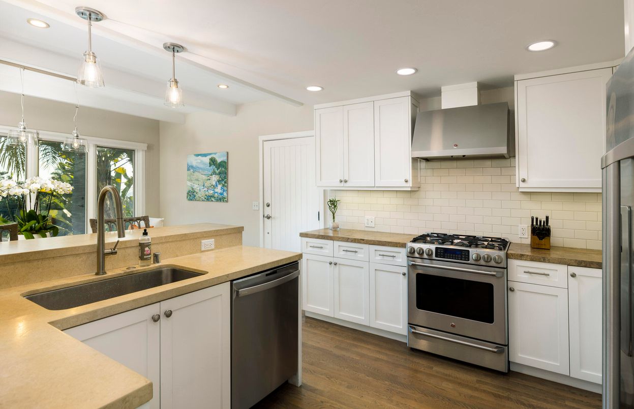 Interior, Kitchen, Pendant Lights, Recessed Lighting, Stainless Steel Appliances, Wood Texture Flooring