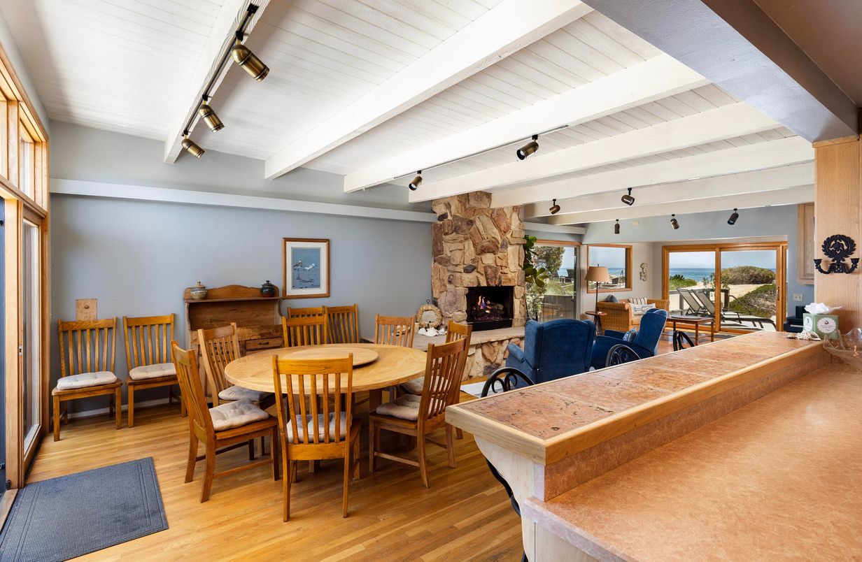 Dining room, Fireplace, Interior, Living room, Stone Walls, Wood Texture Flooring