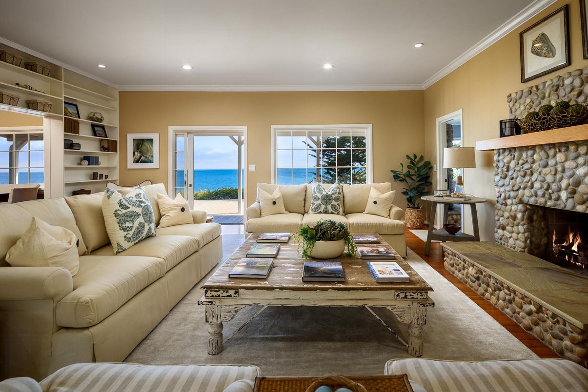 Fireplace, Interior, Living room, Recessed Lighting, Water, Wood Texture Flooring