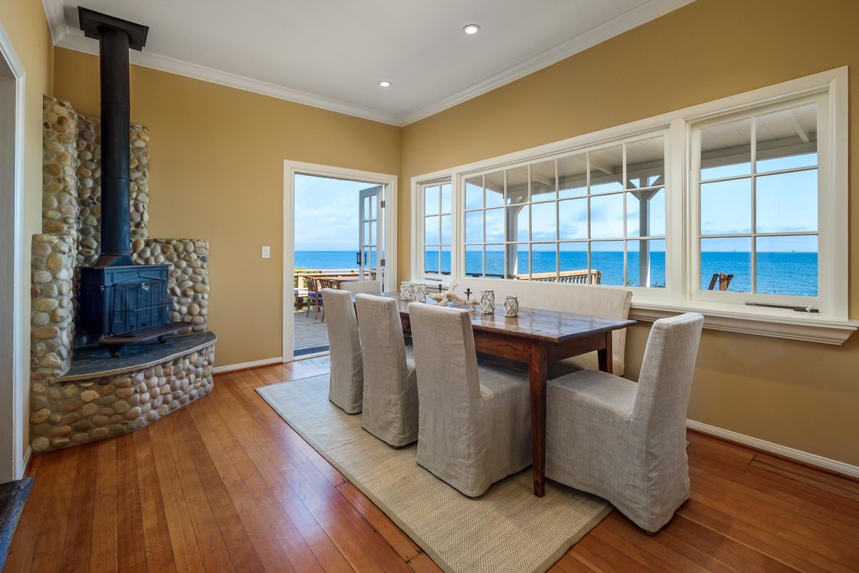 Dining room, Fireplace, Interior, Recessed Lighting, Water, Wood Texture Flooring