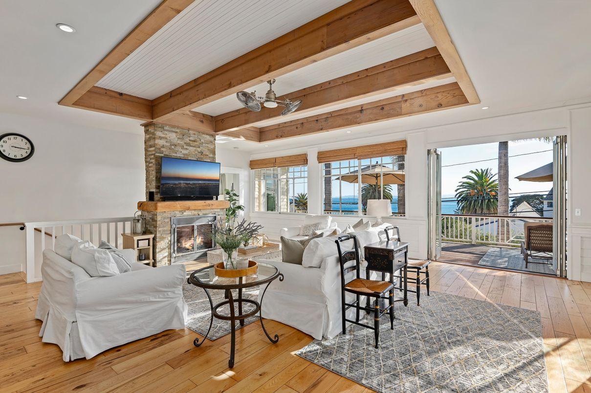 Fireplace, Interior, Living room, Recessed Lighting, Stone Walls, Wooden Beams, Wood Texture Flooring